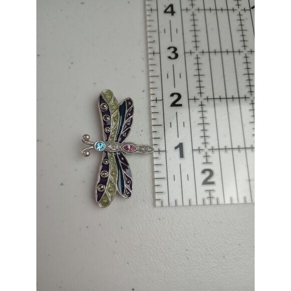 Vintage AAi Dragonfly Brooch Silver Tone Green Black Rhinestones - Picture 5 of 5